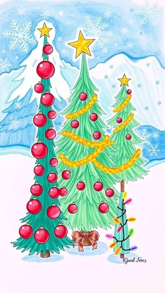 A drawing of three decorated Christmas trees in a snowy landscape.